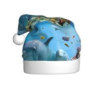 YUGTAEE Adult plush Christmas hat Ocean Dolphin Looking at You Printed with soft touch for holiday parties and dances suitable for men and women