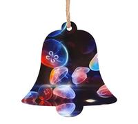 YUGTAEE Christmas Wooden Ornaments Bell Shape 1 PC Colorful Jellyfish Printed for hanging on Christmas trees