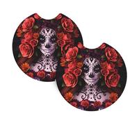 Yugtaee Day Of The Dead Sugar Roses Skull Printing Car Interior Cup Holder Pad 2 Pc Waterproof & Quick Drying, Protects Against Spills & Scratches