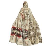 Yugtaee Paris Vintage Postcard Printed Halloween Adult Hooded Cape Cloak For Role-Playing, Stage Costumes, Parties Easy Care