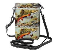 Yugtaee Small Cell Phone Purse 7.6x4.9in Brook Trout Fly Fishing Printed Leather Crossbody Flap Phone Case For Women, Perfect For Walking, Camping Black