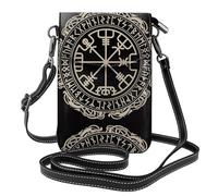 Yugtaee Small Cell Phone Purse 7.6x4.9in Magical Design Norse Runes Compass Printed Leather Crossbody Flap Phone Case For Women, Perfect For Walking, Camping Black