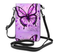 Yugtaee Small Cell Phone Purse 7.6x4.9in Purple Butterfly Printed Leather Crossbody Flap Phone Case For Women, Perfect For Walking, Camping