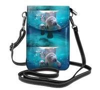 Yugtaee Small Cell Phone Purse 7.6x4.9in West Indian Manatees Printed Leather Crossbody Flap Phone Case For Women, Perfect For Walking, Camping