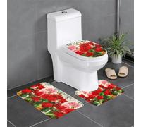 YUGTAEE Three-piece floor mat set Red geraniums Printing water-absorbent and non-slip for bathrooms toilets and kitchens