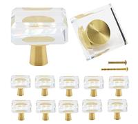 YuGtcen Cabinet Knobs 12 Pcs, Square Glass Crystal Knobs Brass Gold Cabinet Pulls Drawer Knobs Furniture Dresser Knobs Dresser Handles for Kitchen, Bathroom (Square)