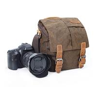 YUHAN Camera Bag, Vintage Canvas Camera Shoulder Bag Waterproof Leather Trim DSLR SLR Shockproof Camera Messenger Bag Brown