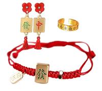 yUhe2018Cw Mahjong Gifts Accessories A Set Of LUCKY Woven Gambling Cotton Chinese Bracelet Mah jongg Drop Earrings Ring Adjustable Unisex For Women Men, One Size, alloy