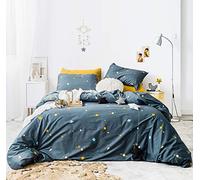 YuHeGuoJi Teal Space Duvet Cover Queen 100% Cotton 3 Pcs Set 1 Cartoon Yellow Blue Galaxy Duvet Cover with Zipper Ties 2 Pillowcases Modern Celestial Planet White Stars Bedding Set Soft