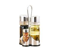 YUHOME Seasoning Bottle Set, Condiment Holder Seasoning Rack Four-in-One Oil Vinegar Dispensers Salt Pepper Shakers Glass Cruet Set with Convenient Caddy Stand