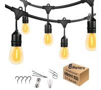 Yuhoolamp Outdoor Festoon String Lights 8Metre Mains, 7+1 Shatterproof S14 Bulbs for Patio Pergola Bakyard Fence Garden Gazebo Bistro Party, Extendable, Hooks and Zip Ties Included for Install