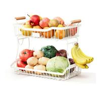 Yuhtech 2 Tier Fruit Basket, Fruit Basket Bowl for Kitchen, Countertop Vegetables Storage Rack, Detachable Snacks Organizer Holder with Wooden Handle (White)