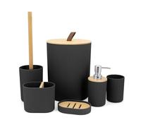 Yuhtech 6 Pieces Bathroom Accessories Set, Bamboo Bathroom Accessory, Bathroom Essentials Set, Modern Plastic Bath Set with Soap Dispenser, Toothbrush Holder Cup, Bathroom Bin and Toilet Brush (Black)