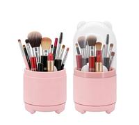 Yuhtech Makeup Brush Holder with Lid, 360° Rotating Makeup Brush Organiser, Cosmetics Organiser with Clear Dustproof Lid for Lipstick, Eyeliner, Bedroom, Bathroom, Dressing Table (Pink)