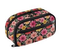 Yuiboo Black Base Blush Yellow Daisy Multi Compartment Pen Bag Full Printed Sturdy Stationery forAdult Office
