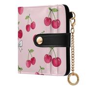 Yuiboo Cute Berry Hearts Women's Small Folding Wallet Cute Waterproof Zipper Coin Pocket for Daily Travel, Cherry Bow Motif, One Size, Art Deco