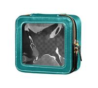 Yuiboo Mini Makeup Bag Clear Teal Green Clear Cosmetic Bag Leather Toiletry Bag for Women, Teal, 5.1" x 4.7" x 2.2", Art Deco, Teal Blue, 5.1" x 4.7" x 2.2", Art Deco