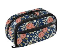Yuiboo Navy Blush Peach Rose Bloom with Double Zipper Pencil Case Full Printed Wear Resistant Back To School Supplies