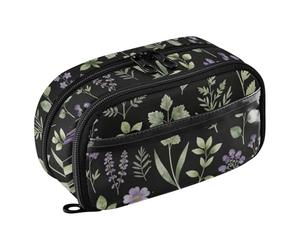 Yuiboo Purple Wildflower on Black Multi Compartment Pen Bag Full Printed Sturdy Stationery for Teen Girls Boys