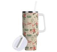 Yuiboo Rose & Script Light Beige Vacuum Insulated Tumbler with Straw Leak Resistant Flip Stainless Steel Water Bottle Reusable Travel Mug for School, Sports, Daycare, Camp & More