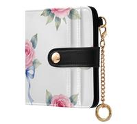 Yuiboo Vintage Purple Floral Women's Folding Card Wallet Convenient PU Leather 7 Card Slots as Gift, Pastel Rose with Blue Bow, One Size, Art Deco