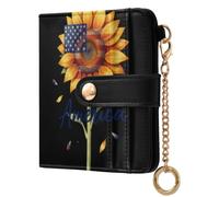 Yuiboo Women's Small Folding Wallet, Convenient Mini Purse | Faux Leather, 7 Card Slots, For Daily Travel, Merica Sunflower Usa Flag