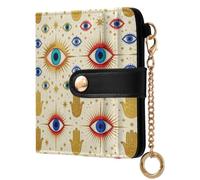 Yuiboo Women's Small Folding Wallet, Minimalist Mini Purse | PU Leather, Zipper Coin Pocket, Travel, Golden Hamsa Evil Eye Tiles
