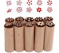 Yuiturt 10 pcs Wooden Pottery Stamps, Natural Column Wood Stamps with Flower, Patterns for DIY Pottery, Scrapbook, Card Making, Crafts, Cookie and Mooncake
