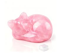 Yuiturt Pink Rose Natural Quartz Crystal Cat Figurine with Transparent Box, Sleeping Cat Ornaments Gift for Woman, Cute Stone Cat Statue for Home or Office Desk Decor Car, for Cat Lovers