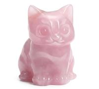 Yuiturt Pink Rose Quartz Crystal Cat Figurine, Sleeping Art Deco Desk Cat Statue Ornament, Natural Stone Gift for Cat Lovers Mum Women, Pink Home Office Decor (Squatting style)