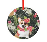 yujhopp tropical flower and corgi 2 Print Glass Ornament, Round Pendant Christmas Tree Ornaments Outdoor Holiday Decor for Party Xmas Wedding