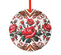 yujhopp Ukrainian Embroidery Style Rose Print Glass Ornament, Round Pendant Christmas Tree Ornaments Outdoor Holiday Decor for Party Xmas Wedding