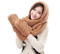YUJIEBB 3 in 1 Women's Winter Warm Soft Scarf Neck Gaiter Pocket Hat Gloves Fashion Hooded Scarf Hat Gloves 3 Piece Set