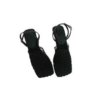 YUJIEBB Summer Luxury Fashion Sandals Women's Lace Mesh Square Toe Shallow Narrow Strap Braided Slip-on High Heels Sandals Black