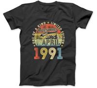 YUJINGG 33 Years Old April Vintage 1991 Retro 33rd Birthday Gifts T-Shirt 100% Cotton Graphic Print T Shirts for Men Women Black (Black,M)