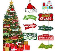 YUJUN 8 Pack Christmas Whoville Tree Decorations,Xmas Large Wooden Crafts Tree Hanging Ornaments Signs for Christmas Welcome to Home Outdoor Porch Party Decorative Supplies