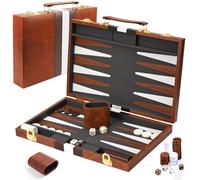 YUJUVI Backgammon Set Suitcase for 2 Players, Classic t 15 Inch Board Game with High-Quality Leather Case, Portable and Travel Backgammon Set (15 Inches, Brown)