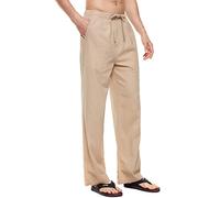 YuKaiChen Men's Linen Trousers, Long Summer Trousers, Wide Lightweight Loose Fit Casual Trousers, Yoga, Holiday, Beach Trousers with Drawstring, 4-Light Khaki, M