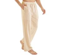 YuKaiChen Men's Linen Trousers, Long Summer Trousers, Wide Lightweight Loose Fit Casual Trousers, Yoga, Holiday, Beach Trousers with Drawstring, 3-khaki, M