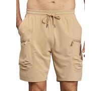 YuKaiChen Men's Shorts Textured Stretch Fabric Gym Cargo Shorts with Zip Pockets Size 32 Khaki