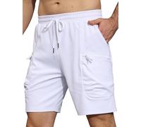 YuKaiChen Men's Shorts Textured Stretch Fabric Gym Cargo Shorts with Zip Pockets Size 32 White