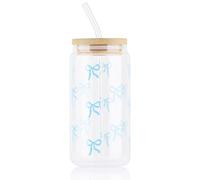 Yukaiwn Bow Glass Cup Set, 16 oz Pink Cute Tumbler with Glass Straw and Wood Lid Elegant Transparent Cute Coffee Cups Aesthetic Gifts for Women Girls Friends (Blue Bow)