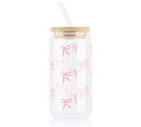 Yukaiwn Bow Glass Cup Set, 16 oz Pink Cute Tumbler with Glass Straw and Wood Lid Elegant Transparent Cute Coffee Cups Aesthetic Gifts for Women Girls Friends (Pink Bow)