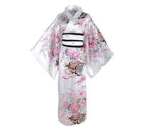 Yukata for Women Floral Pattern Japanese Kimono Silky Comfortable Skin-Friendly with Kimono Belt Kyoto Traditional Blossom Robes for Party, Cosplay, Props (White), Kimonos For Women