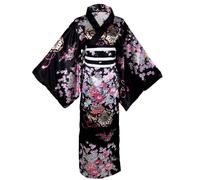 Yukata for Women Floral Pattern Japanese Kimono Silky Comfortable Skin-Friendly with Kimono Belt Kyoto Traditional Blossom Kimono Robes for Party, Cosplay, Props (Black), Japanese Dress For Women