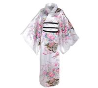 Yukata for Women, Japanese Robe Floral Pattern, Traditional Blossom Kimono Robes, Japanese Dressing Gown White