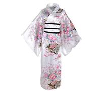 Yukata Women Floral Pattern Japanese Kimono Silky Comfortable SkinFriendly with Kimono Belt Kyoto Traditional Blossom Robes (White)