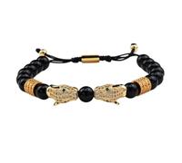 Yuki Sunny Men's Black Beaded Bracelet with Dual Leopard Head Charms, Adjustable Macrame Style with Crystal Accents, Natural Stone and Brass, Adjustable, Natural Stone, Onyx, Cubic Zirconia, Brass