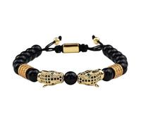 Yuki Sunny Men's Black Beaded Bracelet with Dual Leopard Head Charms, Adjustable Macrame Style with Crystal Accents, Natural Stone and Brass, Adjustable, Natural Stone, Onyx, Cubic Zirconia, Brass