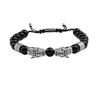 Yuki Sunny Men's Black Beaded Bracelet with Dual Leopard Head Charms, Adjustable Macrame Style with Crystal Accents, Natural Stone and Brass, Adjustable, Natural Stone, Onyx, Cubic Zirconia, Brass